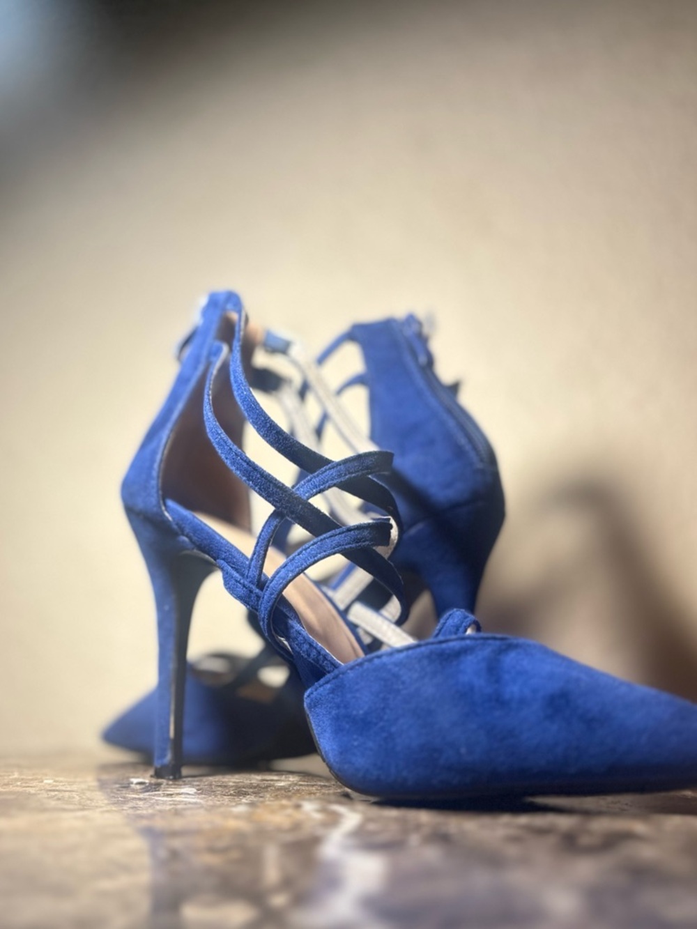 Elegant Royal Blue Suede Strappy High Heel Pumps